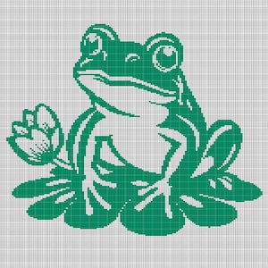 May include: Green frog sitting on a lily pad with a flower. The frog has large eyes and a wide smile. The lily pad has a detailed design.