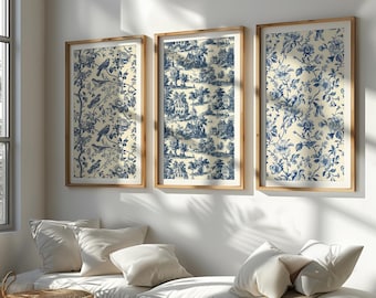 Zestaw 3 wydruków Blue Toile De Jouy, sztuka ścienna w stylu chinoiserie, vintage, niebieski, kwiatowy i ptak, dekoracja ścienna w stylu chinoiserie, wzór porcelany