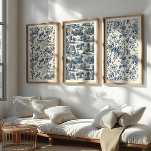 Azul Toile De Jouy Conjunto de 3 grabados Chinoiserie pared arte vintage azul floral y pájaro impresión chinoiserie pared decoración porcelana patrón arte