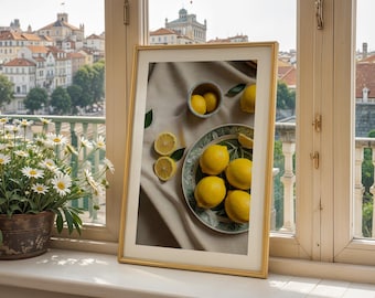 Pintura de naturaleza muerta, pintura al óleo de limón, naturaleza muerta de frutas, arte de pared de cocina, naturaleza muerta vintage, impresión de arte de cocina, decoración de pared de limón