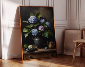 Hydrangea Print | Vintage Flower Print | Oil Painting | Dark Moody Antique Botanical Art PRINTABLE