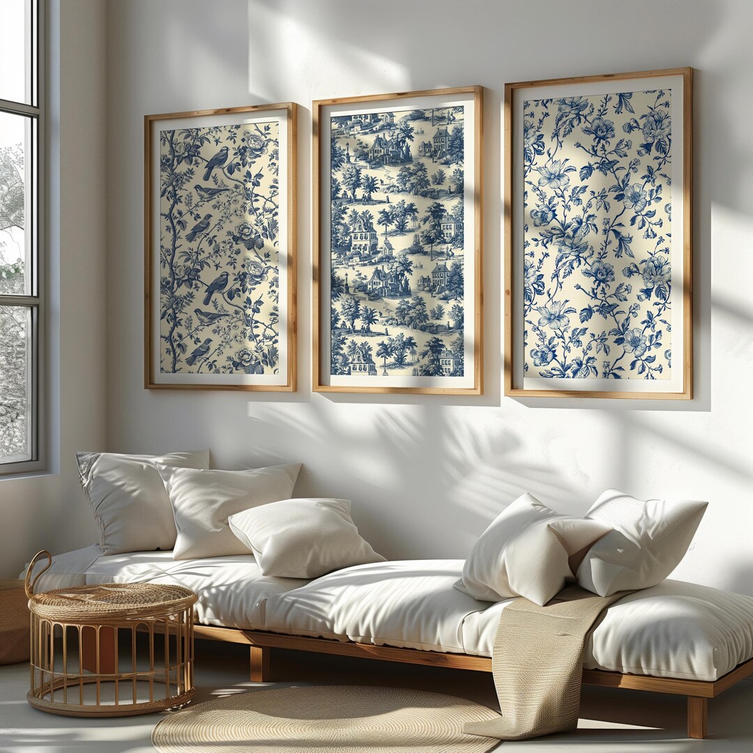 Blue Toile De Jouy Set of 3 Prints Chinoiserie Wall Art Vintage Blue ...