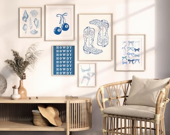 Coastal Cowgirl Decor, Set of 6 Wild West Art Retro Cowgirl Prints Western Gallery Wall Set Blue Wall Art Beachy Decor Digital Download