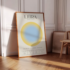 May include: A framed Libra zodiac sign art print. The print features the word "LIBRA" at the top, with the dates September 23-October 22 below. A yellow and blue gradient circle is in the center. The bottom of the print has the words "BALANCED, CHARMING, INTUITIVE".
