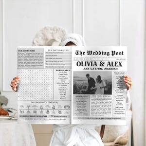 May include: A black and white wedding announcement newspaper design with the headline "The Wedding Post" and the couple's names "Olivia & Alex" are getting married. The newspaper design includes a word search puzzle, a wedding day timeline, and a wedding party list.