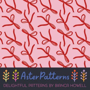 May include: A repeating pattern of red bows with white heart-shaped details on a light pink background. The bows are stylized with long, flowing ribbons. The bottom of the image features the text "Aster Patterns" and "Delightful Patterns by Bianca Howell."