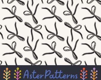 Patrón de repetición de corazones y lazos en blanco y negro, coqueto, estético, sin costuras, lindo, femenino, descarga digital, San Valentín oscuro