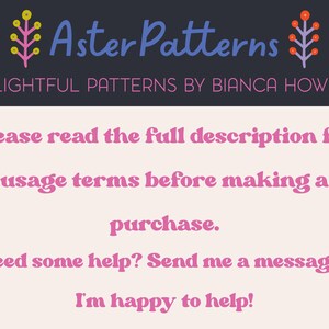 Puede incluir: Gr&aacute;fico con el texto "Aster Patterns" y "Delightful Patterns by Bianca Howell". El texto anima a leer la descripci&oacute;n completa antes de comprar y a enviar un mensaje para obtener ayuda.
