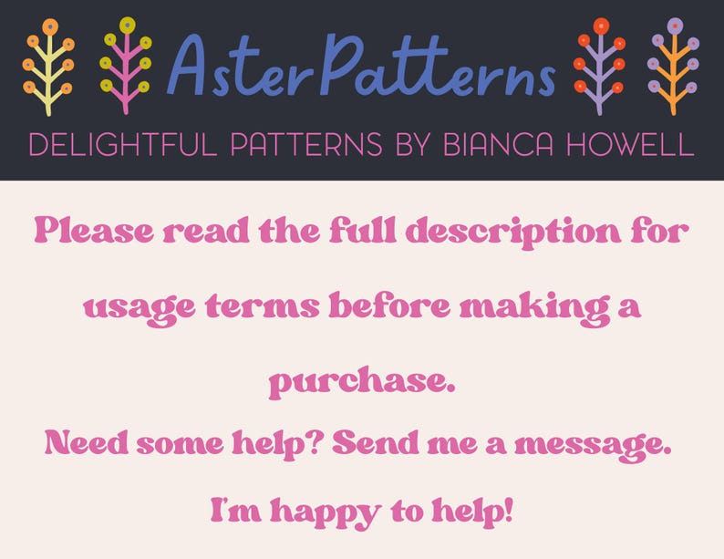 Puede incluir: Gr&aacute;fico con el texto "Aster Patterns" y "Delightful Patterns by Bianca Howell". El texto anima a leer la descripci&oacute;n completa antes de comprar y a enviar un mensaje para obtener ayuda.