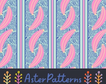 Patrón de repetición de plátano rosa con rayas preppy, estética tropical, fruta, sin costuras, linda descarga digital, comida de verano, vacaciones, preppy, azul menta