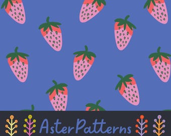 Patrón geométrico repetido de fresas en azul índigo, mercado de agricultores rosa, fruta, descarga digital, linda, comida de verano, estilo preppy