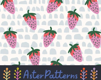 Patrón geométrico repetitivo de fresa azul cielo, mercado de agricultores rosa, fruta estética, sin costuras, linda, descarga digital, comida de verano, vacaciones, preppy