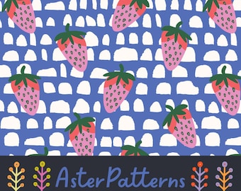 Patrón geométrico repetitivo de fresa azul índigo, fruta rosa del mercado de agricultores, descarga digital sin costuras, comida de verano preppy