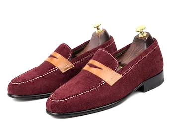 Men’s Burgundy Suede Loafers, Tan Strap Penny Slip On Dress Shoes, Classic Formal Footwear
