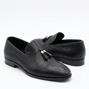 Men's Black Python Tassel Loafers, Luxury Slip On Loafers, Groom Shoes, Gift for Him