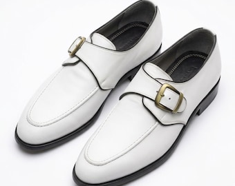 Chaussures à boucle en cuir blanc faites à la main, élégantes chaussures habillées pour hommes