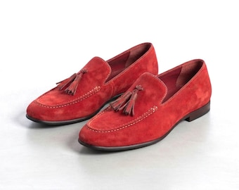Handgefertigte rote Wildleder-Quastenloafer für Herren, Slipper, elegante Freizeitschuhe