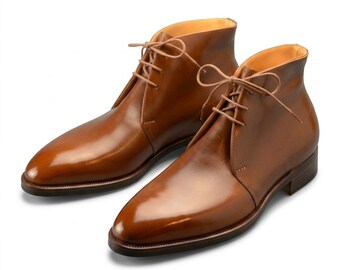 Men's Brown Leather Ankle Boots, Cap Toe Lace Up Dress Boots, Classic Formal Footwear
