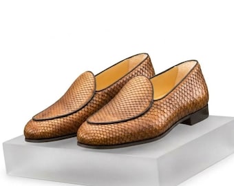 Men's Genuine Snakeskin Leather Loafers Handmade Python Slip-On Dress Shoes