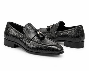 Zwarte loafers met krokodillenprint en kwastjes, handgemaakte instapschoenen, cadeau voor hem, herenloafers