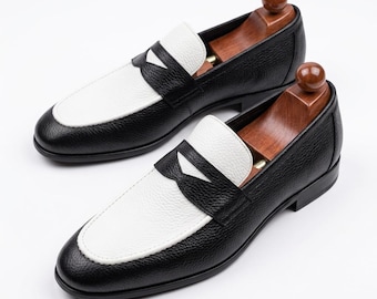 Men's Two-Tone Leather Loafers, Black White Penny Slip-On Dress Shoes