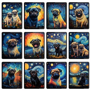 Pugs Starry Sky Art Printable BUNDLE | Set of 12 Gallery Images 300 dpi 5 Sizes Each | Digital Dog Art | Pug Under a Starry Night Decor Gift