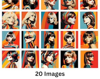 Model Girl Pop Art | 20 High Resolution Images | Mod Retro Groovy | Gallery Wall Art | Office Art | Salon Art | 60s 70s Era Female Models