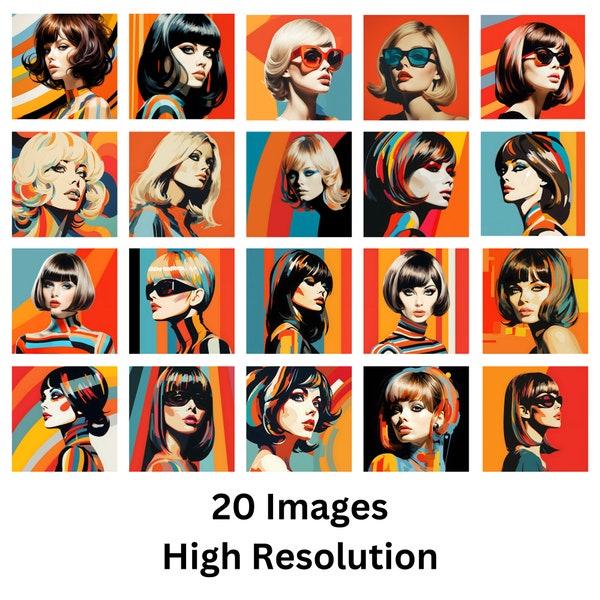 Model Girl Pop Art | 20 High Resolution Images | Mod Retro Groovy | Gallery Wall Art | Office Art | Salon Art | 60s 70s Era Female Models