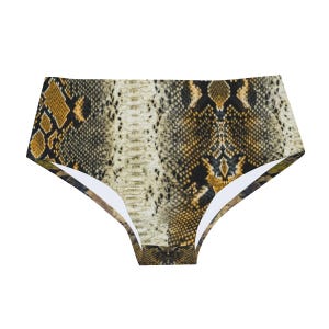 May include: High-waisted underwear featuring a snakeskin pattern in shades of brown, tan, and black. The underwear has a white interior lining and a full coverage design. The snakeskin print is detailed and realistic.
