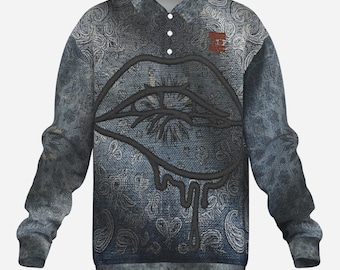 Moletom masculino com lapela e estampa completa em jeans rachado