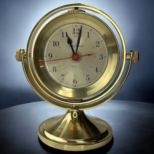 Seth Thomas 1044 Schooner Solid Brass Gimbal Ships Quartz Clock, Tested Works, EUC