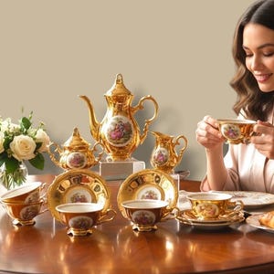 May include: A golden tea set with floral and figural designs. The set includes a teapot, creamer, sugar bowl, cups, and saucers. The tea set is displayed on a dark wooden table with a bouquet of white roses and a woman holding a teacup.