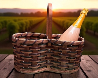 Rustic Handmade Wooden Basket For Wine Or Picnic – Reuben E Stutzman – Dual Compartments – Woven Design – 16”x8”x10”