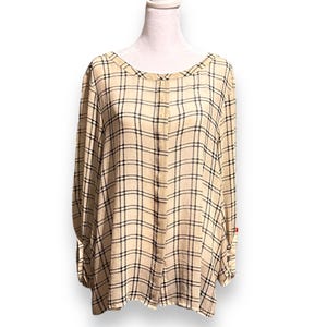 Ann Taylor Loft Women's Beige & Black Plaid Long Sleeve Blouse Tunic XL Flowing