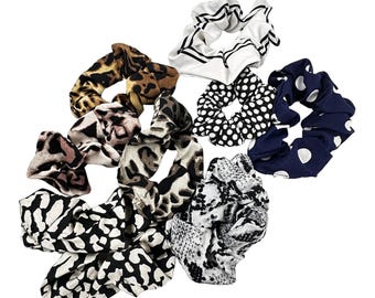 Conjunto de 8 coleteros para el cabello con estampado animal y lunares. Tejido suave, elástico y duradero. Diseños multicolores. Accesorios elegantes para mujer.