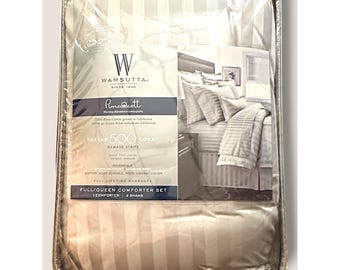 Juego de edredón reversible Wamsutta Vintage de algodón Pima de 500 hilos con estampado de damasco a rayas, tamaño matrimonial/queen, con 2 fundas de almohada, color plata.
