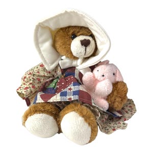 Plushland Doll-Like Plush Bear In Bonnet & Floral Dress Holding Piglet 8&quot; NWOT