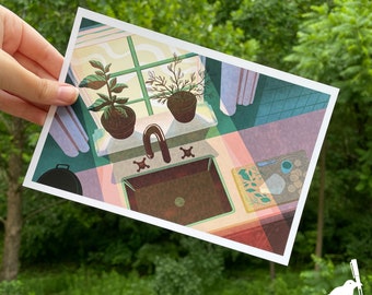 Sunny Kitchen Windowsill Mini Art Print | 5.5"x8" Kitchen Artwork | Cottagecore Home Decor