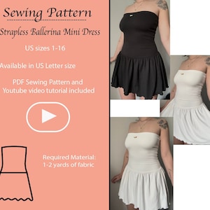 Trägerloses Ballerina Mini Kleid PDF Schnittmuster US Letter