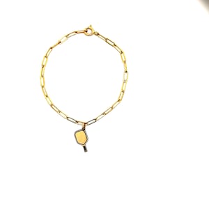 14 karat gold filled pickleball charm bracelet, gold paperclip chain with pickleball paddle charm, pickleball jewelry,  pickleball racket