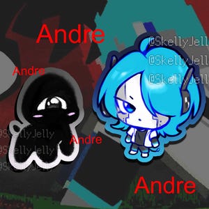 May include: Two cartoon character stickers. One is a black blob with a single eye and pink cheeks. The other is a blue-haired robot with headphones. The name "Andre" is written in red in multiple places.