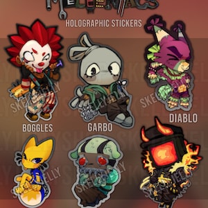 Adesivos holográficos Meleeniacs de 7,6 cm: Garbo, Diablo, Boggles, Stocky, Mari-Anna, Matador | Sem rastreamento