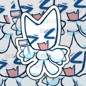 Puede incluir: Una pegatina blanca con un personaje de dibujos animados con detalles azules y una bandera del orgullo transgénero. El texto "SKELLY JELLYSHOP" se repite en el fondo. El personaje tiene una expresión alegre.