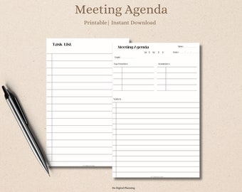 Könnte beinhalten: Druckbare Meeting-Agenda-Vorlage mit einem Aufgabenlistenbereich. Die Agenda bietet Platz für Thema, Zeit, Teilnehmer und Notizen.