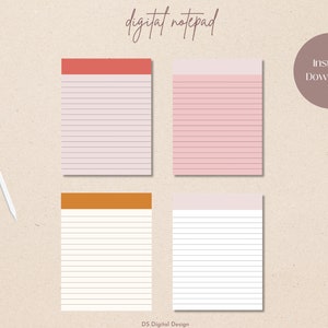 May include: Four digital notepad pages with lined paper. The top page has a red header, the second page has a pink header, the third page has an orange header, and the fourth page has a white header. The text "digital notepad" is at the top of the image. The text "Instant Download" is in a circle at the top right of the image.