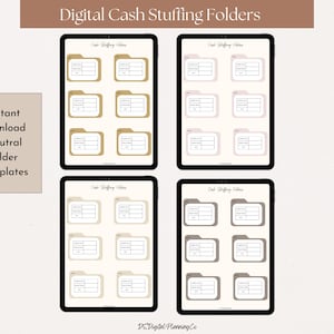 May include: Digital cash stuffing folders displayed on tablets. The image shows four tablets with different color schemes, each displaying a digital folder template. The text "Instant Download Neutral folder Templates" is also visible.