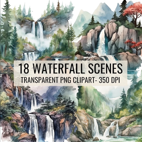 Cascades d'aquarelle, montagnes, forêts, nature, paysage, paysage. Lot de cliparts PNG. Un usage commercial. 18 illustrations de lot de pièces.