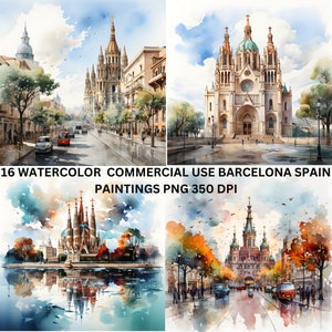 Aquarell Kunst Stil von Spanien Barcelona 16 Teile png 350 DPI digitaler Download. Wunderschöne Landschaftsbilder mit Häusern, Gebäuden & mehr