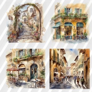 K&ouml;nnte beinhalten: Vier Aquarelle, die Szenen aus italienischen Stra&szlig;en zeigen. Das erste Bild zeigt eine enge Stra&szlig;e mit einem Steinbogen und Stufen, die zu einem Geb&auml;ude f&uuml;hren. Das zweite Bild zeigt ein Caf&eacute; mit Tischen und St&uuml;hlen im Freien. Das dritte Bild zeigt eine Stra&szlig;e mit Geb&auml;uden auf beiden Seiten und Menschen, die gehen. Das vierte Bild zeigt eine Stra&szlig;e mit einem Geb&auml;ude links und einem Caf&eacute; rechts.