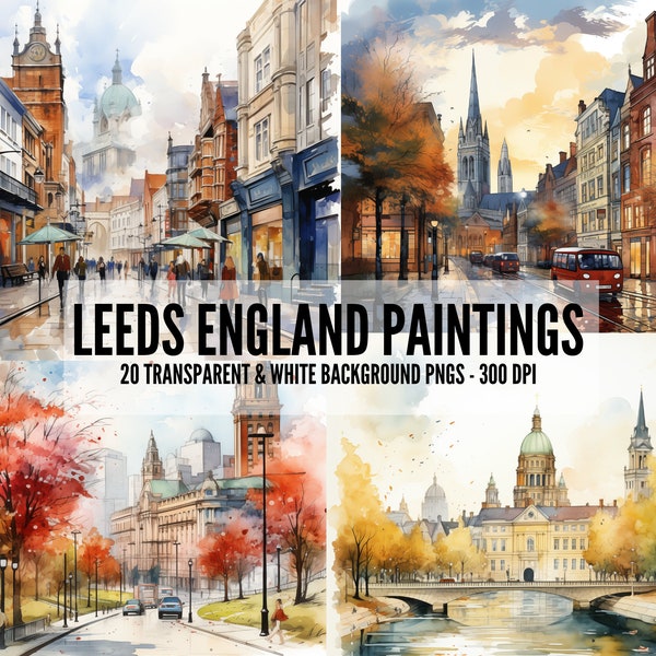 20 Leeds England Paintings, Watercolor UK PNG Clipart, United Kingdom Print, Urban European landscape Illustrations, Commercial Use Graphics